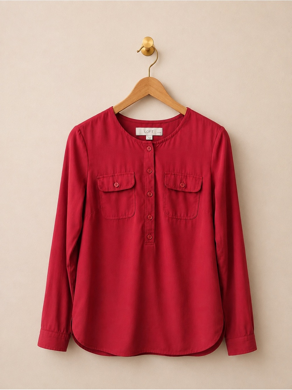 LOFT Petites Women’s SP Red Long Sleeve Utility Blouse Button Front Pockets